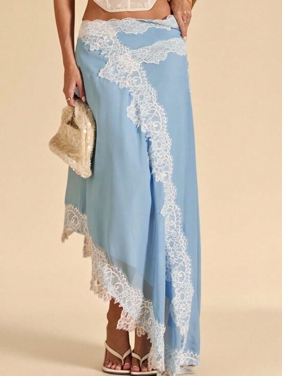 Dresses & Skirts - Baby Blue Elegant Women's Lace Trim Chiffon Skirt